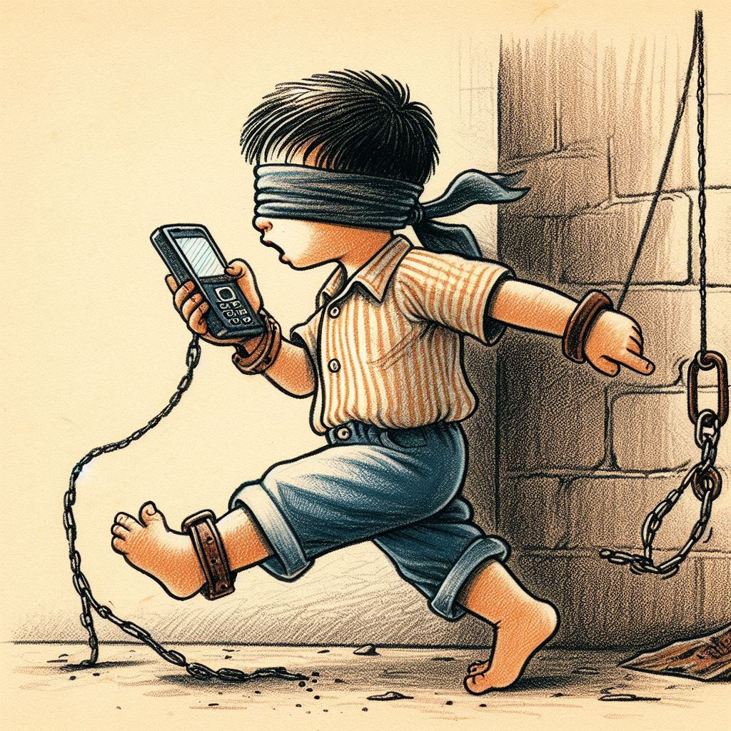 Un enfant, les yeux bandés, marche en tenant un smartphone